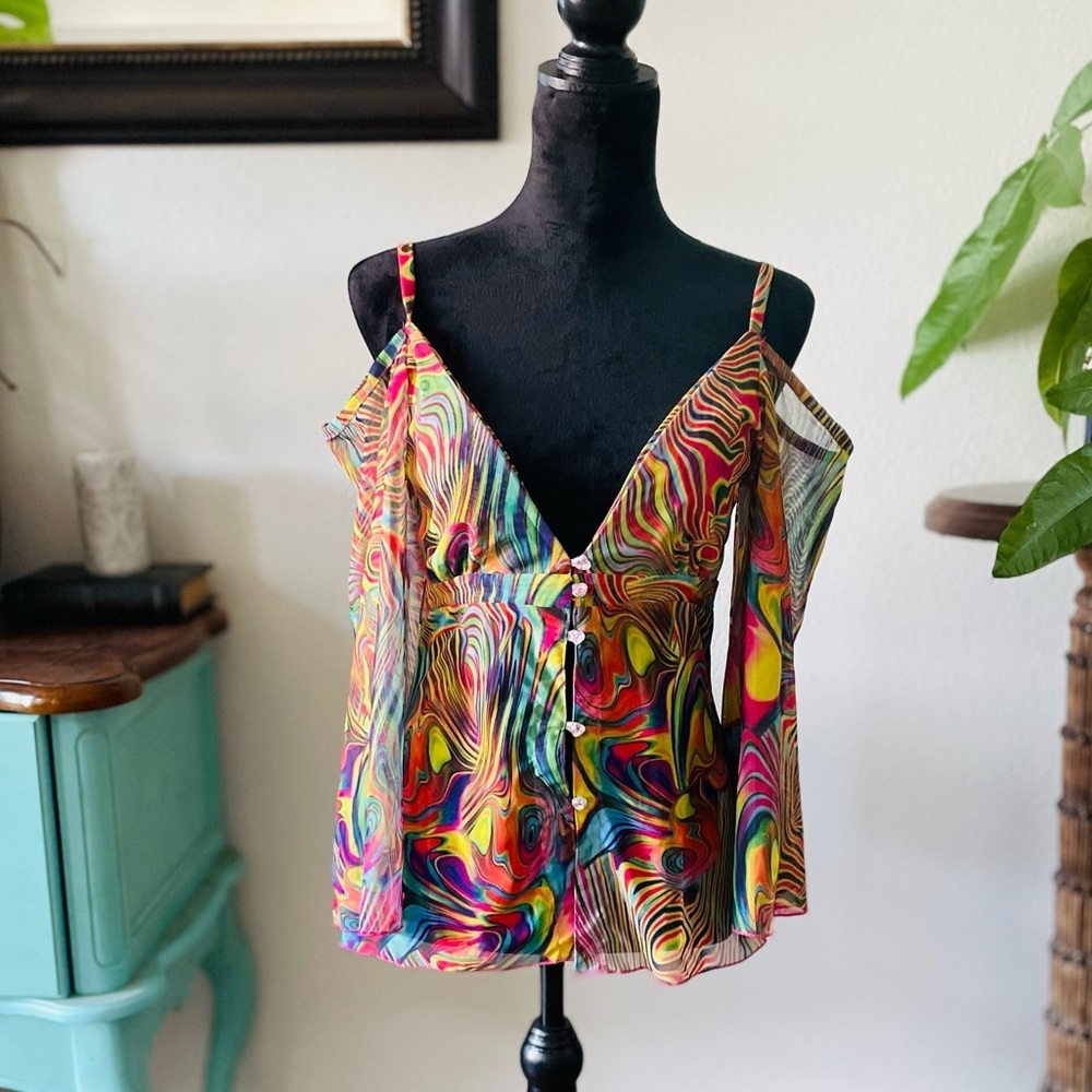 Little Black Diamond Psychedelic Sheer Cold Shoulder Button Front Rave EDM Top